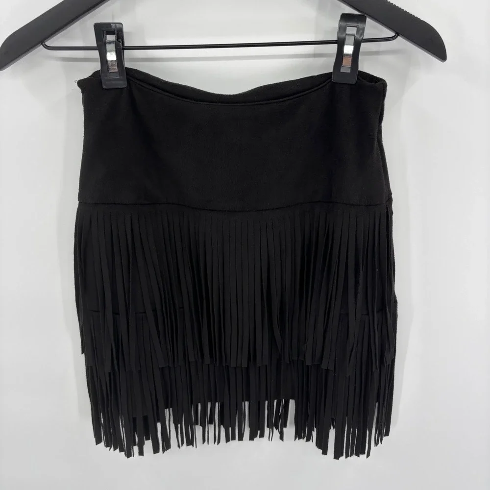 Fringe Faux Suede Mini Skirt Small Black Festival Coachella Western Gasparilla - Picture 6 of 10